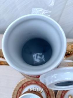 Service à café et thé en porcelaine vintage 10 pièces avec tasses pieds dorés et feuilles rouges - Cadeau