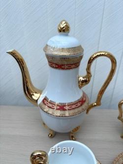 Service à café et thé en porcelaine vintage 10 pièces avec tasses pieds dorés et feuilles rouges - Cadeau