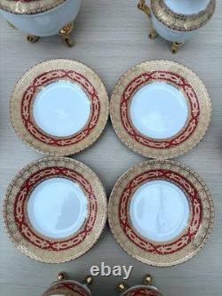 Service à café et thé en porcelaine vintage 10 pièces avec tasses pieds dorés et feuilles rouges - Cadeau