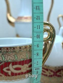 Service à café et thé en porcelaine vintage 10 pièces avec tasses pieds dorés et feuilles rouges - Cadeau
