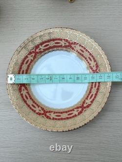 Service à café et thé en porcelaine vintage 10 pièces avec tasses pieds dorés et feuilles rouges - Cadeau