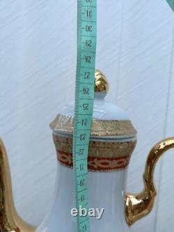 Service à café et thé en porcelaine vintage 10 pièces avec tasses pieds dorés et feuilles rouges - Cadeau