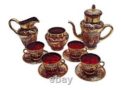 Service à café et thé vintage Murano Italie en rouge rubis avec des motifs floraux en or 24 carats