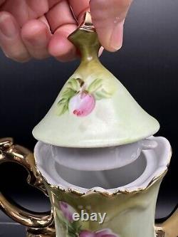 Service à café et thé vintage en porcelaine verte et rose avec des roses de la collection Lefton Heritage, 16 pièces