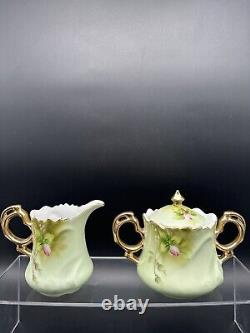 Service à café et thé vintage en porcelaine verte et rose avec des roses de la collection Lefton Heritage, 16 pièces