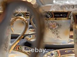 Service à café japonais vintage Kireina, peint à la main, oiseaux et fleurs, cadeau en porcelaine