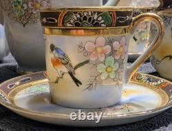 Service à café japonais vintage Kireina, peint à la main, oiseaux et fleurs, cadeau en porcelaine