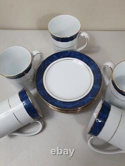 Service à café thé Vintage NORITAKE Japan Maestro bleu avec 12 tasses soucoupes en porcelaine et bordures dorées NEUF