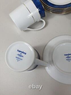 Service à café thé Vintage NORITAKE Japan Maestro bleu avec 12 tasses soucoupes en porcelaine et bordures dorées NEUF