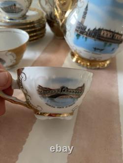 Service à café/thé en porcelaine vintage Bareyther en or avec scènes de transfert vénitiennes, 9 pièces