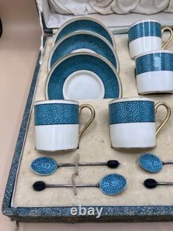 Service à café/thé turquoise vintage F. D & Co dans une boîte en galuchat, cuillères en argent, années 1900