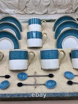 Service à café/thé turquoise vintage F. D & Co dans une boîte en galuchat, cuillères en argent, années 1900