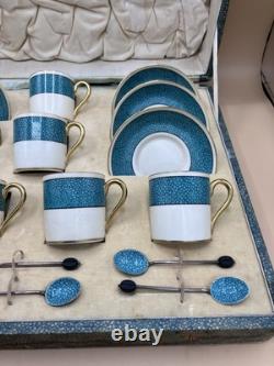 Service à café/thé turquoise vintage F. D & Co dans une boîte en galuchat, cuillères en argent, années 1900