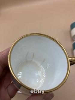 Service à café/thé turquoise vintage F. D & Co dans une boîte en galuchat, cuillères en argent, années 1900