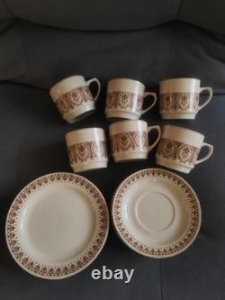Service à café/thé vintage Kun-Lun des années 70, crème et marron, 6 tasses, 6 soucoupes, 6 assiettes