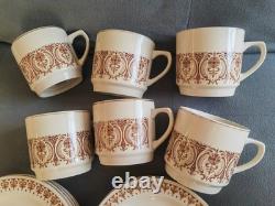Service à café/thé vintage Kun-Lun des années 70, crème et marron, 6 tasses, 6 soucoupes, 6 assiettes