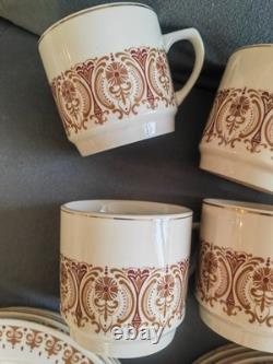 Service à café/thé vintage Kun-Lun des années 70, crème et marron, 6 tasses, 6 soucoupes, 6 assiettes