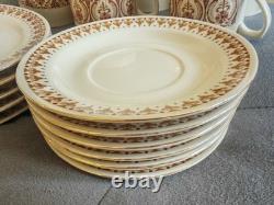 Service à café/thé vintage Kun-Lun des années 70, crème et marron, 6 tasses, 6 soucoupes, 6 assiettes