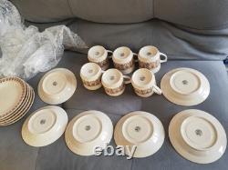 Service à café/thé vintage Kun-Lun des années 70, crème et marron, 6 tasses, 6 soucoupes, 6 assiettes
