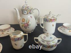Service à café/thé vintage Schumann Bavière Allemagne Impératrice Dresde Fleurs 19 pièces