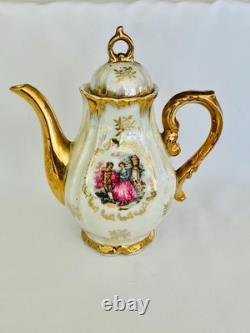 Service à café vintage 15 pièces en lustre, couple romantique, nacre, porcelaine à lustre doré