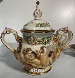 Service à café vintage Capodimonte, sucrier, tasses avec soucoupes