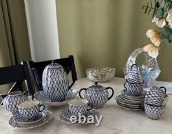 Service à café vintage Lomonosov LFZ en filet de cobalt pour 6 personnes, peint à la main, fabriqué en URSS