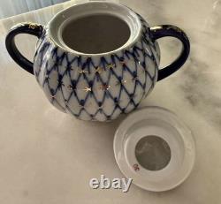 Service à café vintage Lomonosov LFZ en filet de cobalt pour 6 personnes, peint à la main, fabriqué en URSS