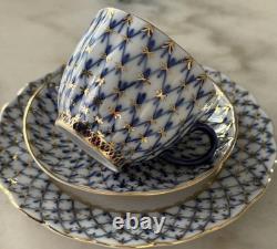 Service à café vintage Lomonosov LFZ en filet de cobalt pour 6 personnes, peint à la main, fabriqué en URSS