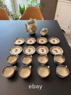 Service à café vintage Palissy Royal Worcester série Game, pot, tasses et soucoupes, 18 pièces