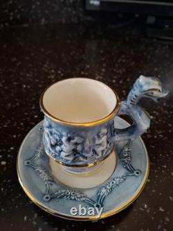 Service à café vintage R. Capodimonte Mas avec chérubin/dragon, bleu et blanc, bordure dorée