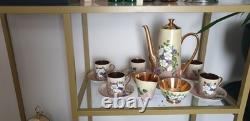 Service à café vintage Tuscan en porcelaine fine anglaise à la cendre d’os, 5 tasses et soucoupes, décor floral et dorures, années 1940-1950