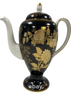 Service à café vintage Wedgwood noir et or avec pot, sucrier et crémier (GGR)