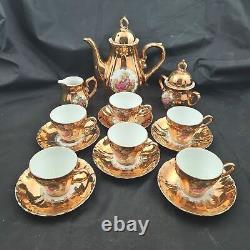 Service à café vintage avec décor de Limoges : Pot à café, sucrier, crémier, tasses à café en porcelaine