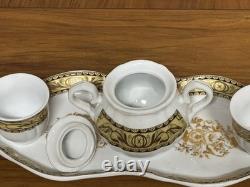 Service à café vintage en porcelaine 4 pièces pour deux, sucrier, tasses et plateau de service doré
