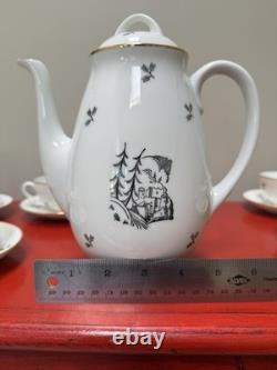 Service à café vintage en porcelaine ALP Lidköping Suède noir et or 18 pièces avec scène de château