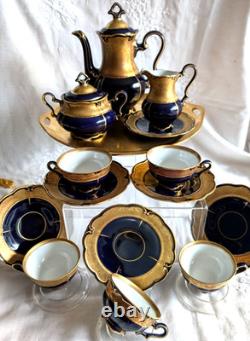 Service à café vintage en porcelaine Graf von Henneberg Ilmenau, Allemagne, véritable cobalt, 15 pièces