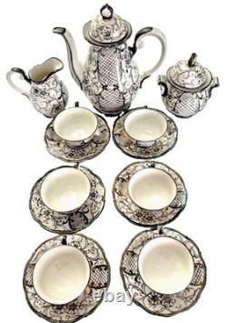 Service à café vintage en porcelaine bavaroise avec overlay en argent 925, 15 pièces