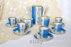 Service à café vintage en porcelaine bleue pour 5 personnes, bordure dorée, motif floral peint à la main