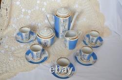 Service à café vintage en porcelaine bleue pour 5 personnes, bordure dorée, motif floral peint à la main