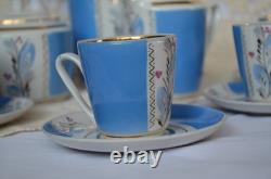 Service à café vintage en porcelaine bleue pour 5 personnes, bordure dorée, motif floral peint à la main