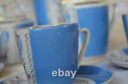 Service à café vintage en porcelaine bleue pour 5 personnes, bordure dorée, motif floral peint à la main