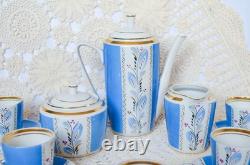 Service à café vintage en porcelaine bleue pour 5 personnes, bordure dorée, motif floral peint à la main