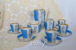 Service à café vintage en porcelaine bleue pour 5 personnes, bordure dorée, motif floral peint à la main