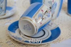 Service à café vintage en porcelaine bleue pour 5 personnes, bordure dorée, motif floral peint à la main