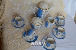 Service à café vintage en porcelaine bleue pour 5 personnes, bordure dorée, motif floral peint à la main