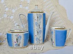 Service à café vintage en porcelaine bleue pour 5 personnes, bordure dorée, motif floral peint à la main