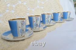 Service à café vintage en porcelaine bleue pour 5 personnes, bordure dorée, motif floral peint à la main