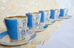 Service à café vintage en porcelaine bleue pour 5 personnes, bordure dorée, motif floral peint à la main