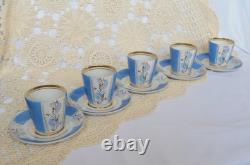 Service à café vintage en porcelaine bleue pour 5 personnes, bordure dorée, motif floral peint à la main